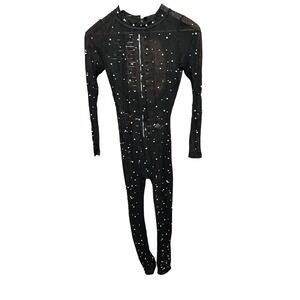 Banjul Black Lace Pearl Embellished Mock Neck Long Sleeve body Jumpsuit XP